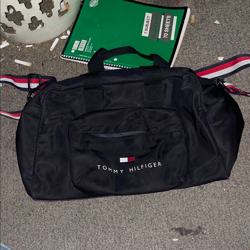 Tommy Hilfiger Black Duffel Bag with Red and Blue Accents